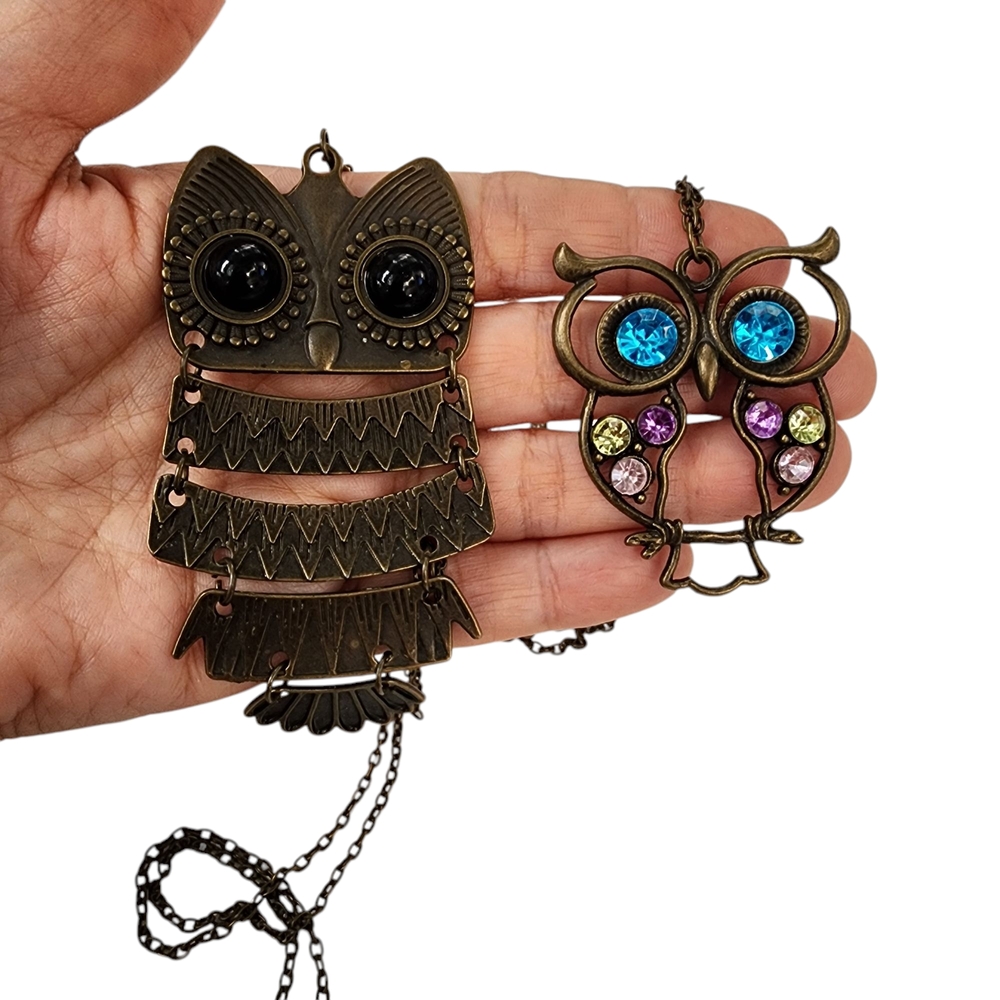 Bundle of 2 Owl Pendant Necklaces Antique Brass Tone - Articulated Pendant